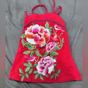 Floral Embroidered Red Tank Top
